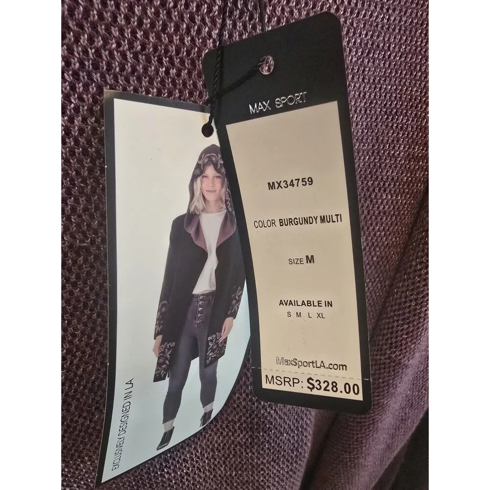 NWT MAXSPORT Hooded Cardigan Sweater Women's Burgundy Floral Sz M - Picture 8 of 8